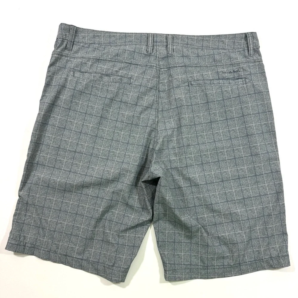 Travis Mathew Flat Front Shorts Grey Blue Check Print